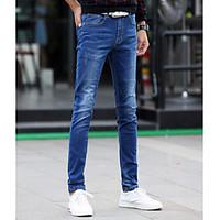 mens mid rise high elasticity jeans pants simple slim solid