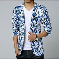 Men\'s Going out Casual/Daily Party/Cocktail Simple Spring Summer Blazer, Print Shirt Collar Long Sleeve Blue Cotton