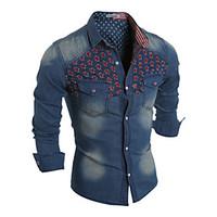 Men\'s Casual/Daily Simple Spring / Fall Shirt, Color Block Shirt Collar Long Sleeve Blue Polyester Medium