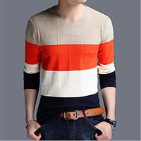Men\'s Casual/Daily Regular Pullover, Striped V Neck Long Sleeve Cotton Spring Fall Medium Micro-elastic