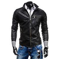 Men\'s Casual/Daily Simple Leather Jackets, Solid Stand Long Sleeve All Seasons Black / Brown Cowhide Medium