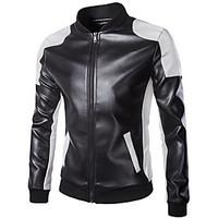 mens casualdaily simple leather jackets color block stand long sleeve  ...