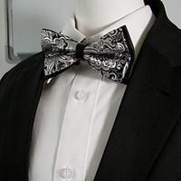 Men\'s Black White Flower Silk Blend Pre-tied Bow Tie Ajustable Dress Wedding