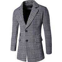 Men\'s Casual/Daily Simple Coat, Check Shirt Collar Long Sleeve Fall Winter Gray Cotton Medium