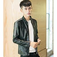 mens casualdaily simple spring leather jacket solid round neck long sl ...