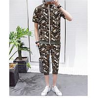 Men\'s Casual/Daily Active Activewear Set Print Stand Micro-elastic Rayon Short Sleeve Spring Summer