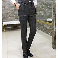 mens high rise micro elastic business pants simple slim solid plaid