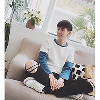 mens daily hoodie color block round neck inelastic cotton long sleeve  ...