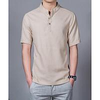 mens daily casual vintage summer shirt solid stand short sleeve linen  ...