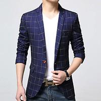 Men\'s Plaid Casual / Work Blazer, Cotton / Acrylic / Polyester Long Sleeve Blue / Brown 916348