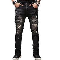 mens mid rise micro elastic jeans pants simple skinny ripped solid