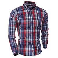 Men\'s Plaids Casual / Formal Shirt, Cotton Long Sleeve Blue / White