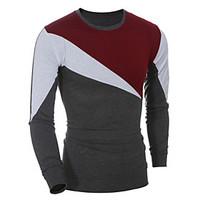 mens color block casual sport t shirt cotton long sleeve red gray