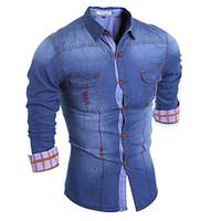 Men\'s Casual/Daily Simple Spring / Fall Shirt, Color Block Shirt Collar Long Sleeve Blue Polyester Medium