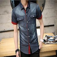 Men\'s Solid Casual / Work Shirt, Cotton Short Sleeve Blue