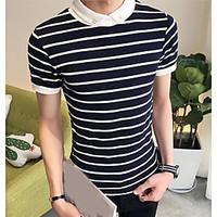 mens casualdaily simple t shirt striped stand short sleeve cotton