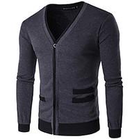 Men\'s Casual/Daily Simple Regular Cardigan, Solid Black Gray V Neck Long Sleeve Cotton Spring Medium Micro-elastic