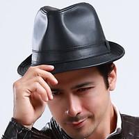 Men\'s Middle-aged PU Black Leather Jazz Casual Cowboy Solid Color Bowler Hat