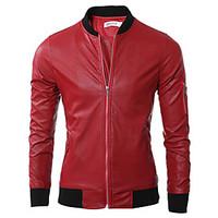 mens casualdaily simple leather jacketssolid stand long sleeve fall wi ...