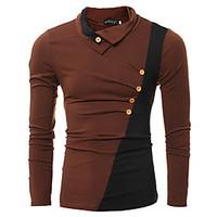 Men\'s Casual/Daily Simple Fall / Winter T-shirt, Color Block Turtleneck Long Sleeve Brown / Gray Cotton Thin