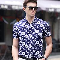 Men\'s Plus Size Casual/Daily Work Simple Summer Shirt, Floral Shirt Collar Short Sleeve Blue Cotton Medium
