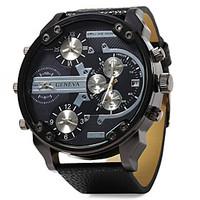 mens military fashion 4 time display leather band quartz watch wrist w ...
