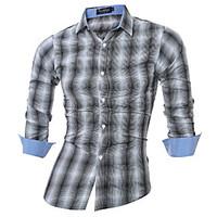 Men\'s Casual/Daily Work Simple Active All Seasons Shirt, Plaid Standing Collar Long Sleeve Gray Cotton Polyester Medium
