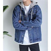 Men\'s Casual/Daily Simple Spring Denim Jacket, Solid Hooded Long Sleeve Regular Linen