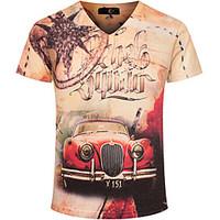 Men\'s Casual/Daily Boho Summer T-shirt, Print V Neck Short Sleeve Beige Cotton Thin