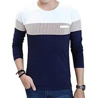 Men\'s Fashion Striped Patchwork Round Collar Casual Slim Fit Long-Sleeve T-Shirt, Cotton/Plus Size/Casual
