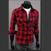 Men\'s Casual/Daily Street chic Spring / Summer Shirt, Plaid Classic Collar Long Sleeve Red / Black Cotton Thin