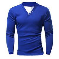 Men\'s Casual/Daily Simple T-shirt, Solid V Neck Long Sleeve Blue / White / Black / Gray Cotton
