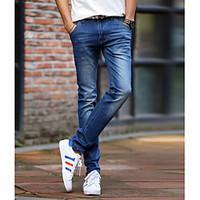 Men\'s Mid Rise Micro-elastic Jeans Pants, Simple Slim Solid