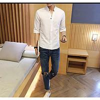 mens daily casual simple cute summer shirt solid stand sleeve cotton t ...