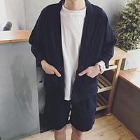 Men\'s Daily Modern/Comtemporary Cross-Seasons Summer Jacket, Solid V Neck 3/4-Length Sleeve Regular Linen