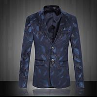 Men\'s Plus Size / Going out / Party/Cocktail Vintage / Street chic / Chinoiserie All Seasons Blazer, Animal Print V Neck Long Sleeve Blue