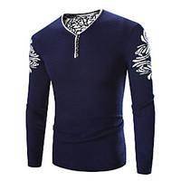 Men\'s Plus Size Simple Regular Pullover, Print Blue V Neck Long Sleeve Polyester Winter Thick Micro-elastic