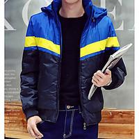 Men\'s Regular Padded Coat, Simple Casual/Daily Solid-Cotton White Duck Down Long Sleeve Hooded Blue / Yellow