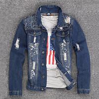 Men\'s Casual/Daily Simple Street chic Spring Denim Jacket, Solid Shirt Collar Long Sleeve Regular Cotton