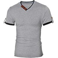 Men\'s Casual Vintage Summer T-shirt, Solid V Neck Short Sleeve Polyester Cotton Blend