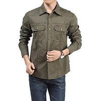 Men\'s Plus Size / Casual/Daily Simple Fall / Winter Shirt, Solid / Color Block Shirt Collar Long Sleeve Brown / Green Cotton Medium