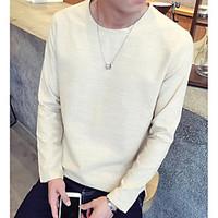 Men\'s Casual/Daily Simple Spring T-shirt, Solid Round Neck Long Sleeve Cotton Linen