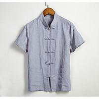 mens casual chinoiserie summer shirt solid standing collar short sleev ...