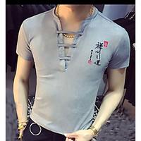 Men\'s Street Vintage Summer T-shirt, Solid Letter Number V Neck Short Sleeve Cotton Chinlon Orlon Thin