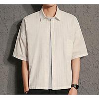 mens casual simple summer shirt striped stand short sleeve cotton thin