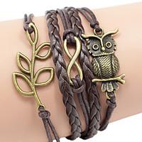 Men\'s Brown Owl/Leaf Braided/Cord Leather Handmade Multilayer Charm Bracelet Unisex