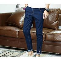 Men\'s Mid Rise Inelastic Skinny Jeans Pants, Simple Slim Solid