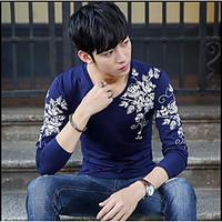 Men\'s Going out Casual/Daily Simple Spring T-shirt, Solid Floral V Neck Long Sleeve Cotton Medium