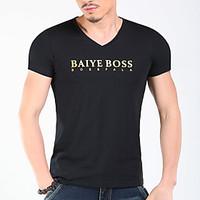 Men\'s Going out Casual/Daily Simple Summer T-shirt, Solid Letter V Neck Short Sleeve Cotton Thin