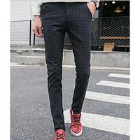 mens mid rise micro elastic chinos pants simple slim solid striped